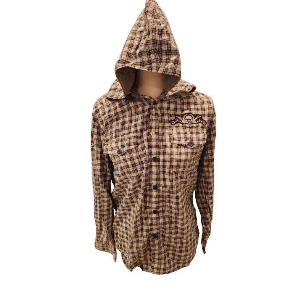 Vintage 90s Mens Button Hoodie Flannel Long Sleeve Shirt Black White Plaid